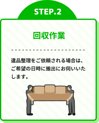 STEP.2回収作業/遺品整理をご依頼される場合は、ご希望の日時に搬出にお伺いいたします。